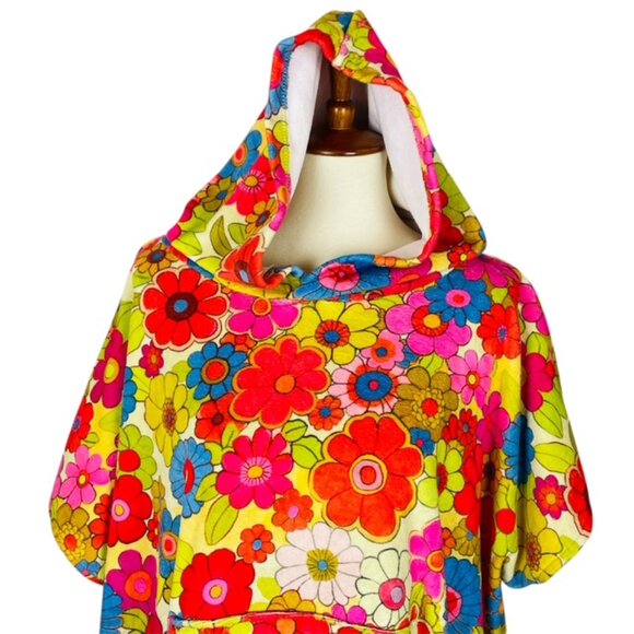 Natural Life Hooded Cover Up OS Pullover Poncho Floral Hippie Mod Retro Beach - Picture 2 of 9